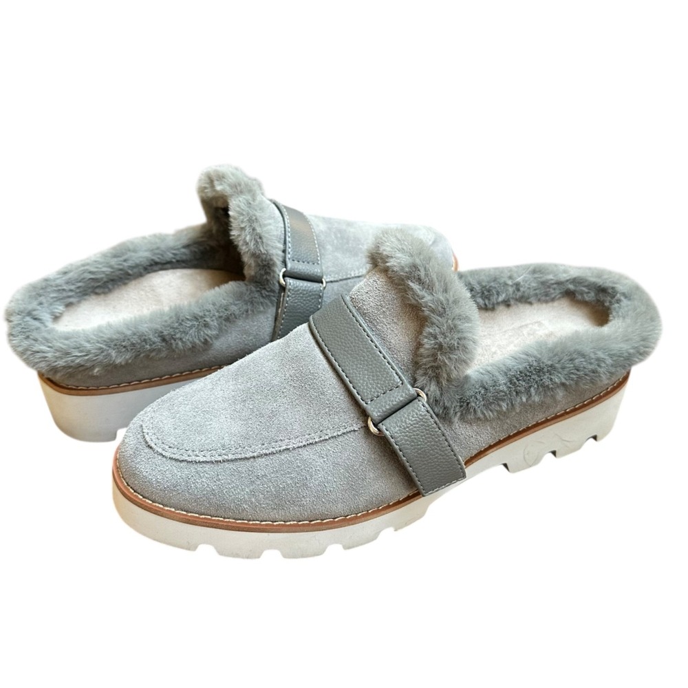 NWOB Vionic Slip-On Suede Mules Shearling Lining Lug Sole Gray Preppy Size 5M‎